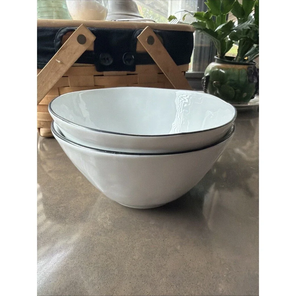 Crate And Barrel Mercer White Black Rim 8” Bowl Set Of 2 Hammered Discontinued